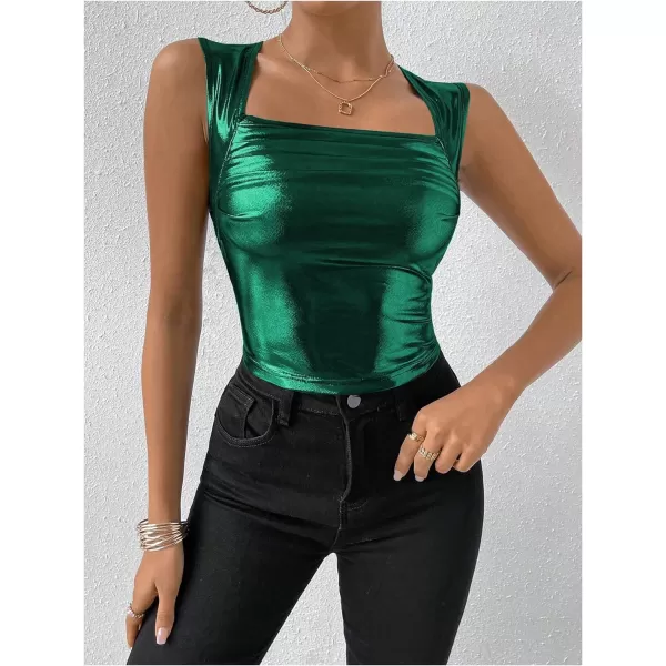 SweatyRocks Women's Metallic Ruched Square Neck Tank Top Sleeveless Slim Fit Party Crop Tank Top