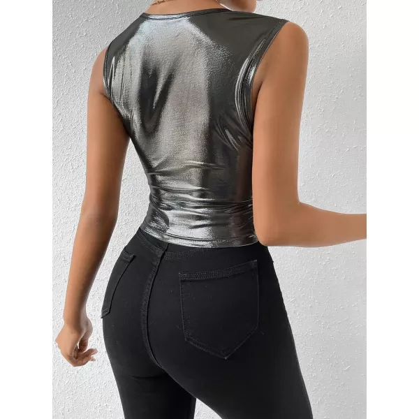 SweatyRocks Women's Metallic Ruched Square Neck Tank Top Sleeveless Slim Fit Party Crop Tank Top