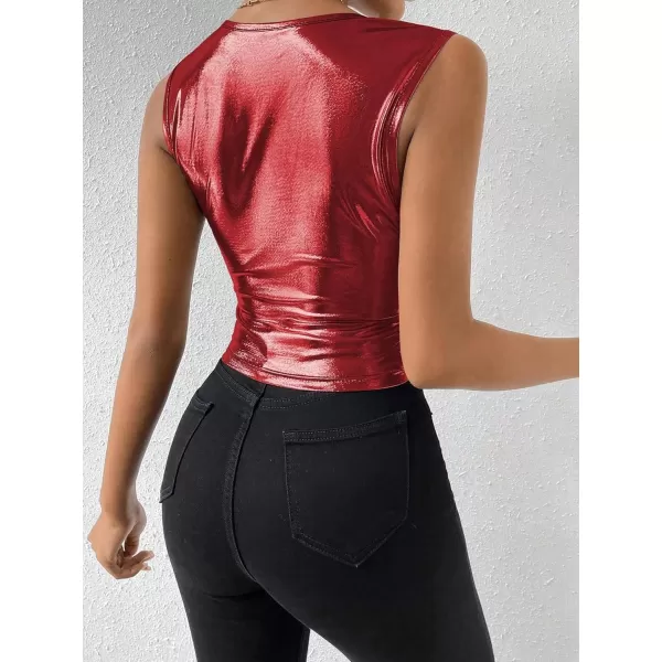 SweatyRocks Women's Metallic Ruched Square Neck Tank Top Sleeveless Slim Fit Party Crop Tank Top