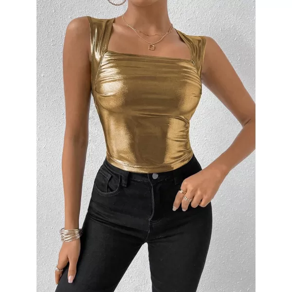 SweatyRocks Women's Metallic Ruched Square Neck Tank Top Sleeveless Slim Fit Party Crop Tank Top