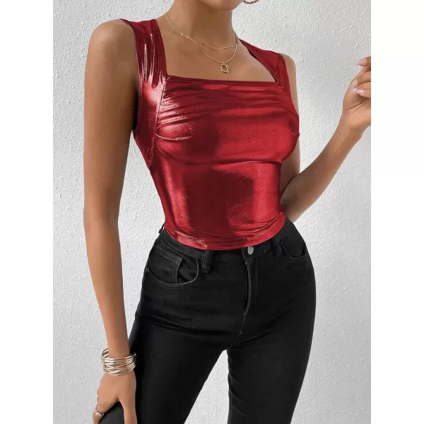 SweatyRocks Women's Metallic Ruched Square Neck Tank Top Sleeveless Slim Fit Party Crop Tank Top