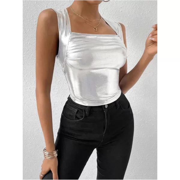 SweatyRocks Women's Metallic Ruched Square Neck Tank Top Sleeveless Slim Fit Party Crop Tank Top