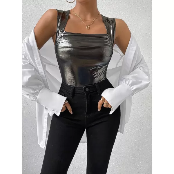 SweatyRocks Women's Metallic Ruched Square Neck Tank Top Sleeveless Slim Fit Party Crop Tank Top