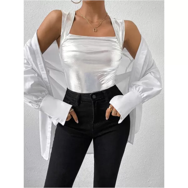 SweatyRocks Women's Metallic Ruched Square Neck Tank Top Sleeveless Slim Fit Party Crop Tank Top