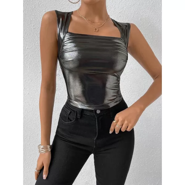 SweatyRocks Women's Metallic Ruched Square Neck Tank Top Sleeveless Slim Fit Party Crop Tank Top