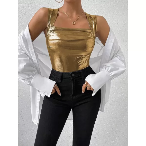 SweatyRocks Women's Metallic Ruched Square Neck Tank Top Sleeveless Slim Fit Party Crop Tank Top