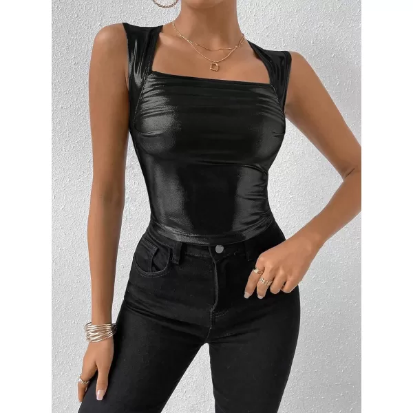 SweatyRocks Women's Metallic Ruched Square Neck Tank Top Sleeveless Slim Fit Party Crop Tank Top