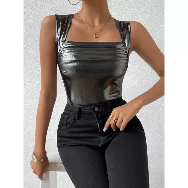 SweatyRocks Women's Metallic Ruched Square Neck Tank Top Sleeveless Slim Fit Party Crop Tank Top