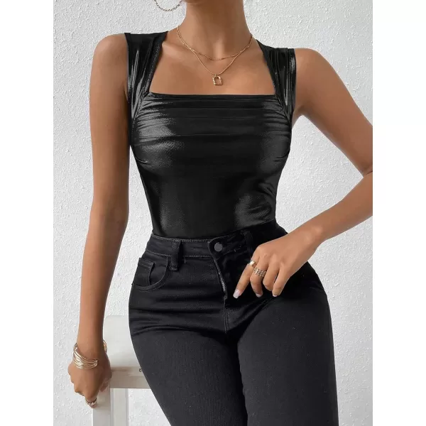 SweatyRocks Women's Metallic Ruched Square Neck Tank Top Sleeveless Slim Fit Party Crop Tank Top