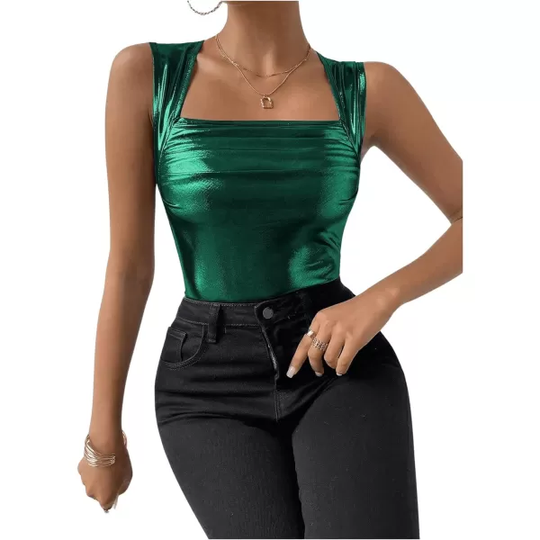 SweatyRocks Women's Metallic Ruched Square Neck Tank Top Sleeveless Slim Fit Party Crop Tank Top