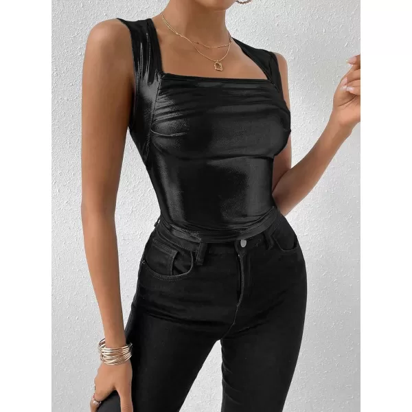 SweatyRocks Women's Metallic Ruched Square Neck Tank Top Sleeveless Slim Fit Party Crop Tank Top