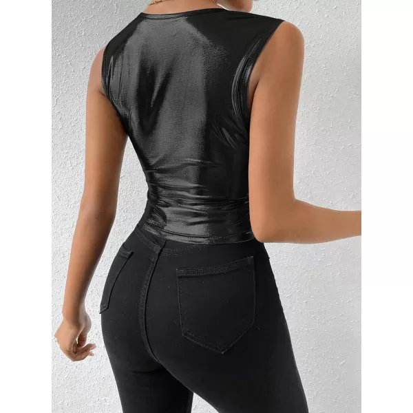 SweatyRocks Women's Metallic Ruched Square Neck Tank Top Sleeveless Slim Fit Party Crop Tank Top