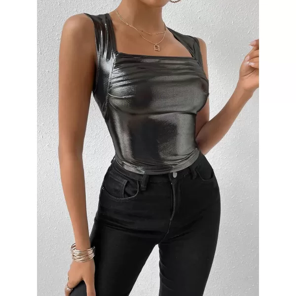 SweatyRocks Women's Metallic Ruched Square Neck Tank Top Sleeveless Slim Fit Party Crop Tank Top