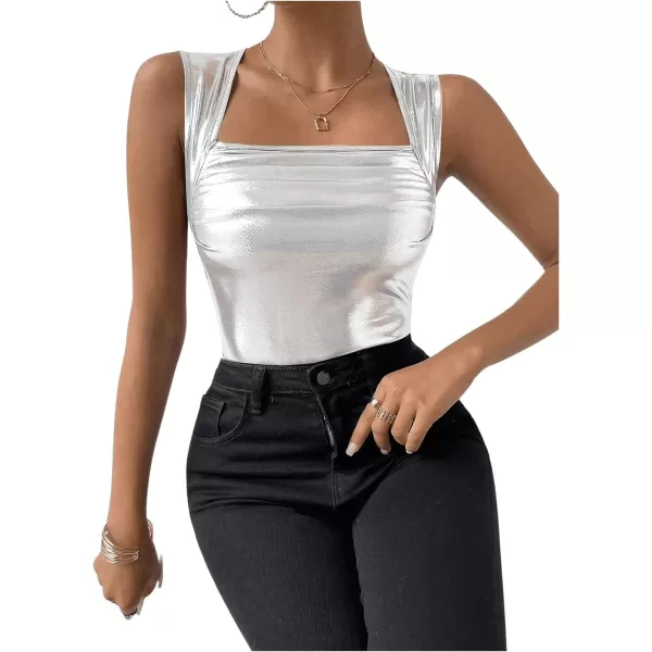 SweatyRocks Women's Metallic Ruched Square Neck Tank Top Sleeveless Slim Fit Party Crop Tank Top