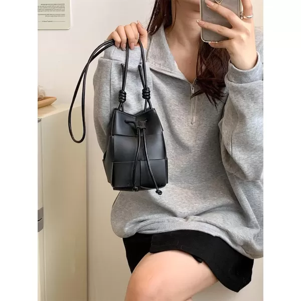 SweatyRocks Women's Mini PU Leather Bucket Bag Drawstring Braided Cross Body Bag