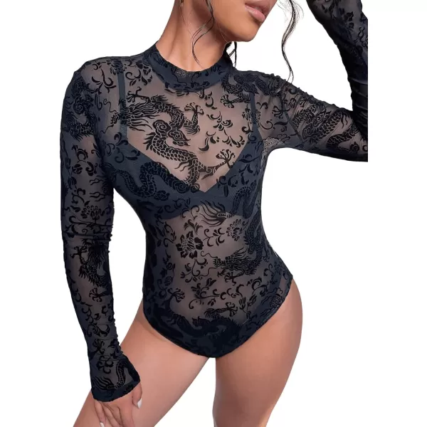 SweatyRocks Women's Mock Neck Leopard Long Sleeve Mesh Bodysuit Leotard