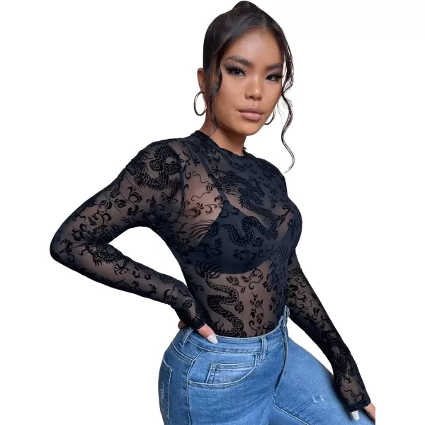 SweatyRocks Women's Mock Neck Leopard Long Sleeve Mesh Bodysuit Leotard