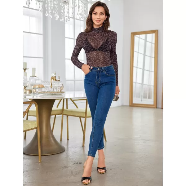 SweatyRocks Women's Mock Neck Leopard Long Sleeve Mesh Bodysuit Leotard