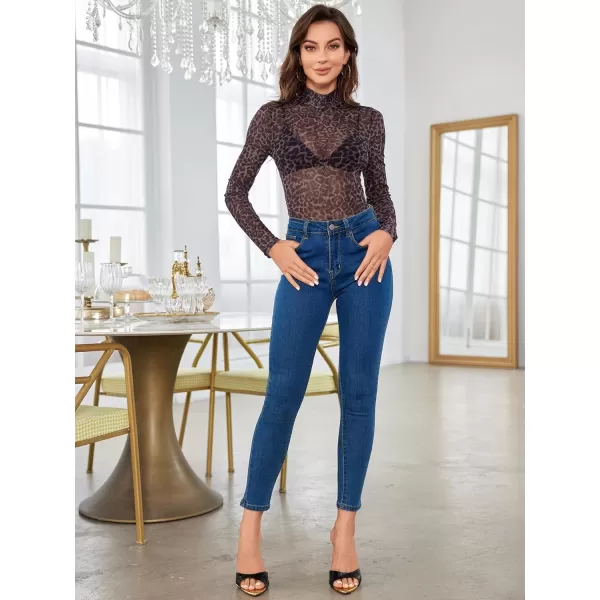 SweatyRocks Women's Mock Neck Leopard Long Sleeve Mesh Bodysuit Leotard
