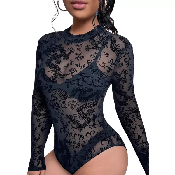 SweatyRocks Women's Mock Neck Leopard Long Sleeve Mesh Bodysuit Leotard
