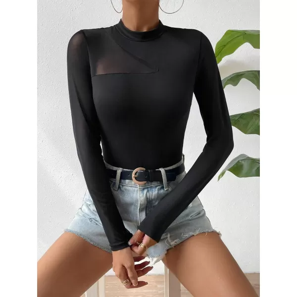 SweatyRocks Women's Mock Neck Leopard Long Sleeve Mesh Bodysuit Leotard