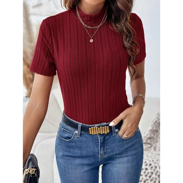 SweatyRocks Women's Mock Neck Short Sleeve Tee Tops Casual Ribbed Knit Slim Fit T Shirts