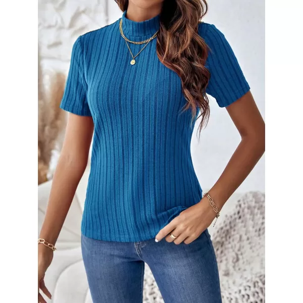 SweatyRocks Women's Mock Neck Short Sleeve Tee Tops Casual Ribbed Knit Slim Fit T Shirts