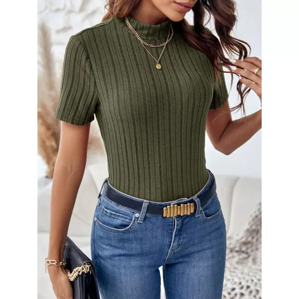 SweatyRocks Women's Mock Neck Short Sleeve Tee Tops Casual Ribbed Knit Slim Fit T Shirts