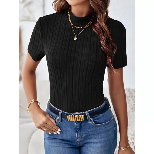 SweatyRocks Women's Mock Neck Short Sleeve Tee Tops Casual Ribbed Knit Slim Fit T Shirts