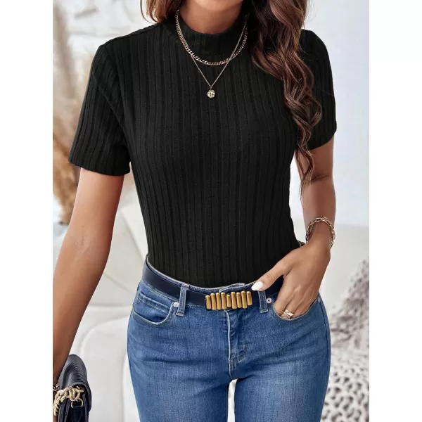 SweatyRocks Women's Mock Neck Short Sleeve Tee Tops Casual Ribbed Knit Slim Fit T Shirts