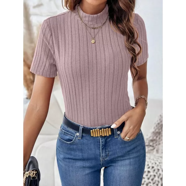 SweatyRocks Women's Mock Neck Short Sleeve Tee Tops Casual Ribbed Knit Slim Fit T Shirts