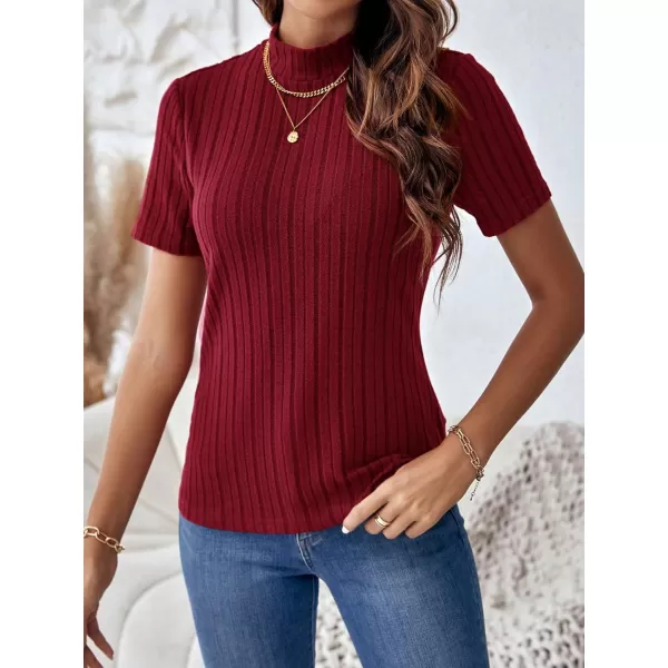 SweatyRocks Women's Mock Neck Short Sleeve Tee Tops Casual Ribbed Knit Slim Fit T Shirts