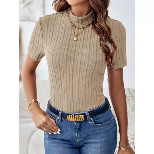 SweatyRocks Women's Mock Neck Short Sleeve Tee Tops Casual Ribbed Knit Slim Fit T Shirts