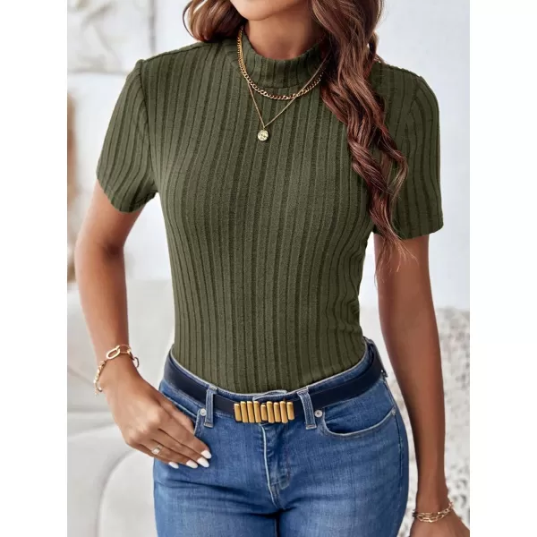 SweatyRocks Women's Mock Neck Short Sleeve Tee Tops Casual Ribbed Knit Slim Fit T Shirts