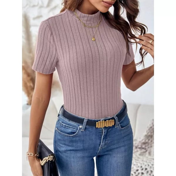 SweatyRocks Women's Mock Neck Short Sleeve Tee Tops Casual Ribbed Knit Slim Fit T Shirts