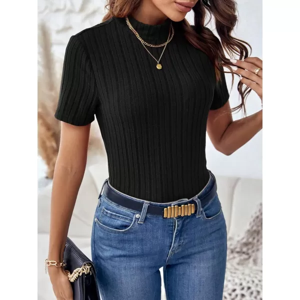 SweatyRocks Women's Mock Neck Short Sleeve Tee Tops Casual Ribbed Knit Slim Fit T Shirts