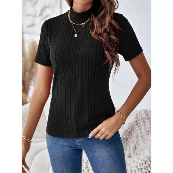 SweatyRocks Women's Mock Neck Short Sleeve Tee Tops Casual Ribbed Knit Slim Fit T Shirts