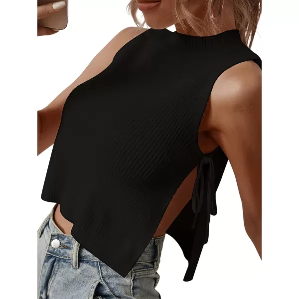 SweatyRocks Women's Mock Neck Sleeveless Split Knot Side Knit Crop Tank Top