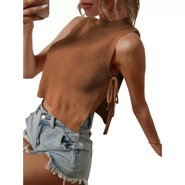SweatyRocks Women's Mock Neck Sleeveless Split Knot Side Knit Crop Tank Top