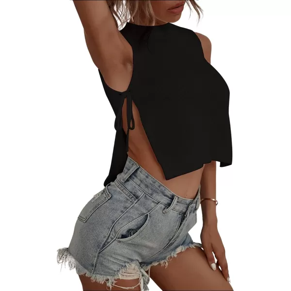 SweatyRocks Women's Mock Neck Sleeveless Split Knot Side Knit Crop Tank Top