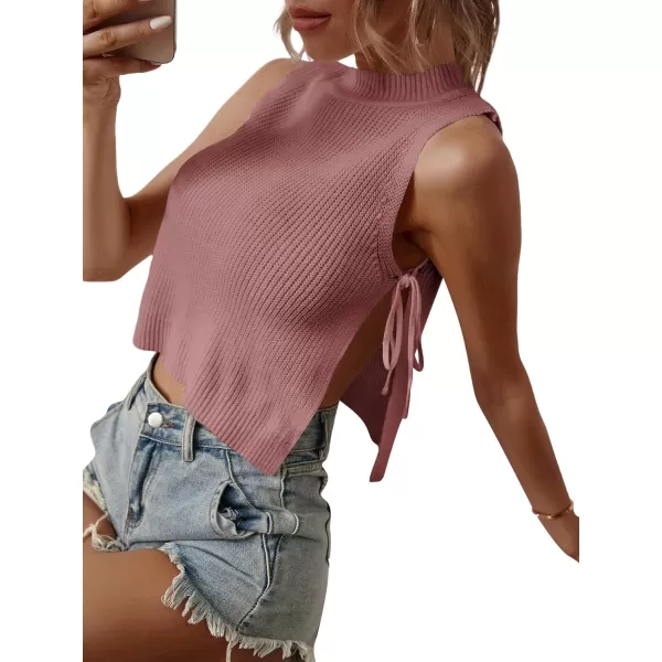 SweatyRocks Women's Mock Neck Sleeveless Split Knot Side Knit Crop Tank Top