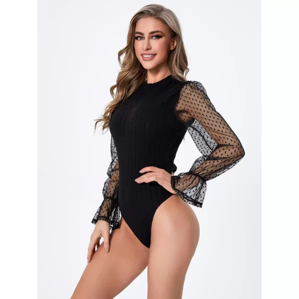 SweatyRocks Women's Mock Turtle Neck Bishop Sleeve Slim fit T Shirt Tops Bodysuit Jumpsuit