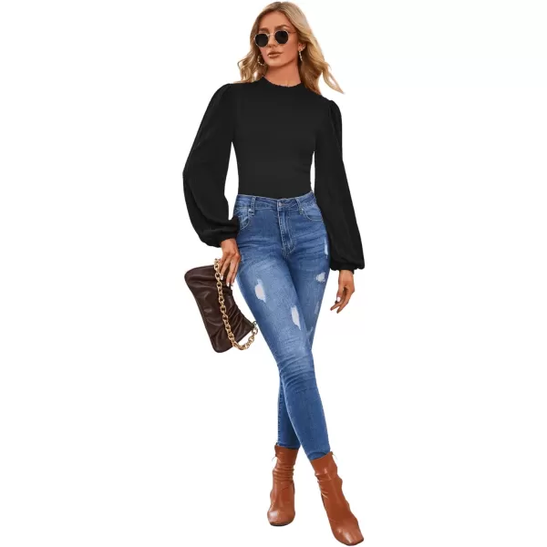 SweatyRocks Women's Mock Turtle Neck Bishop Sleeve Slim fit T Shirt Tops Bodysuit Jumpsuit