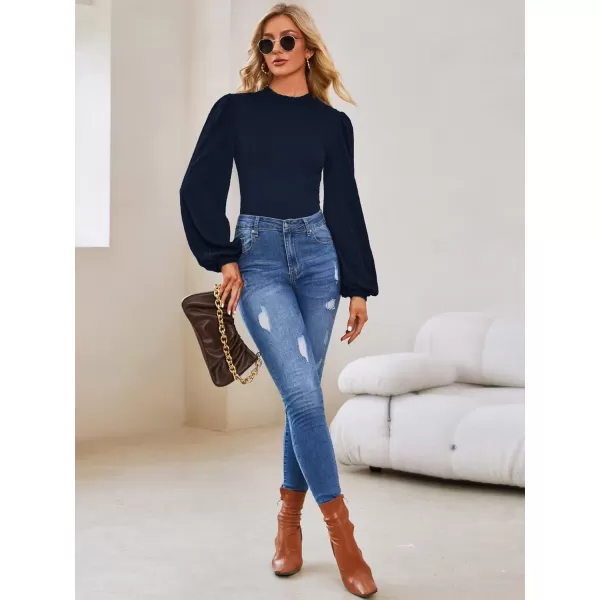 SweatyRocks Women's Mock Turtle Neck Bishop Sleeve Slim fit T Shirt Tops Bodysuit Jumpsuit