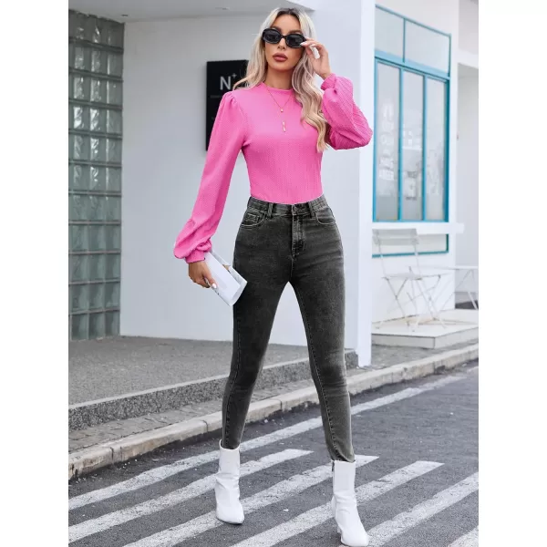 SweatyRocks Women's Mock Turtle Neck Bishop Sleeve Slim fit T Shirt Tops Bodysuit Jumpsuit