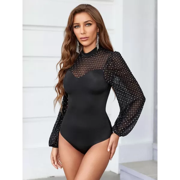SweatyRocks Women's Mock Turtle Neck Bishop Sleeve Slim fit T Shirt Tops Bodysuit Jumpsuit