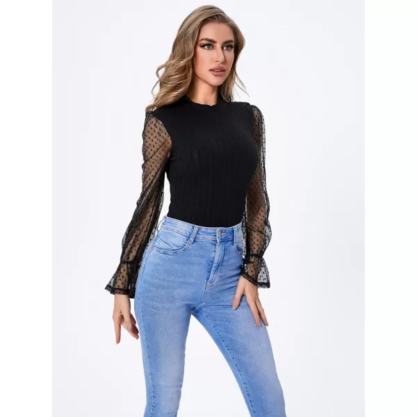 SweatyRocks Women's Mock Turtle Neck Bishop Sleeve Slim fit T Shirt Tops Bodysuit Jumpsuit