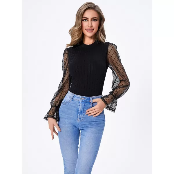 SweatyRocks Women's Mock Turtle Neck Bishop Sleeve Slim fit T Shirt Tops Bodysuit Jumpsuit