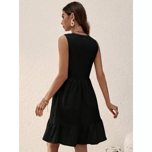 SweatyRocks Women's Notched V Neck Knee Length Tank Dress Solid Ruffle Hem Smock Dresses