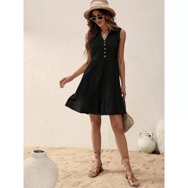SweatyRocks Women's Notched V Neck Knee Length Tank Dress Solid Ruffle Hem Smock Dresses